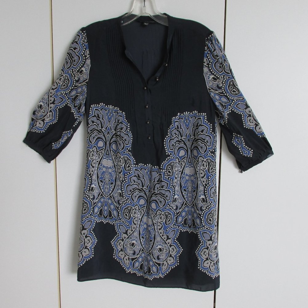 Banana Republic Dark Blue & White Silk Tunic/Mini Dress 3/4 Sleeve Sz XS